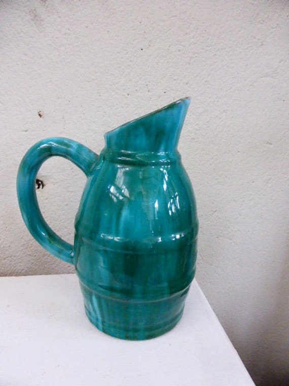 Cruche en Grès Vernissée, Reflets Bleus et Verts, Vintage