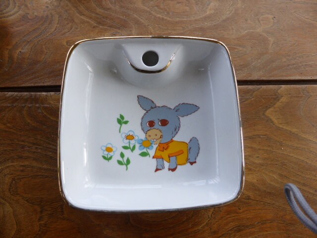 Ancienne assiette à bouillie chauffante bébé en porcelaine de PARIS  P.A.R.I.S 2, assiette enfant avec joli motif de chat, bouchon canard -   France