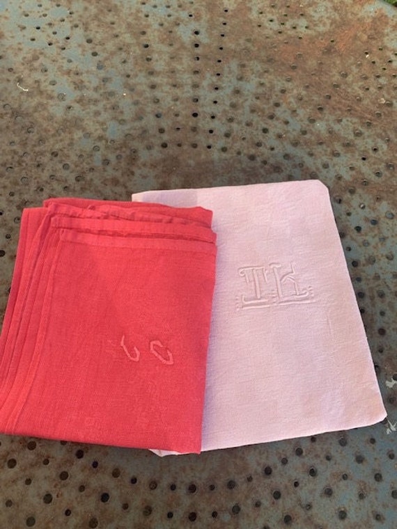 Duo of old towels, special MOTHER'S DAY, composed of two large pink tinted towels, embroidered, monograms M, Art Deco
