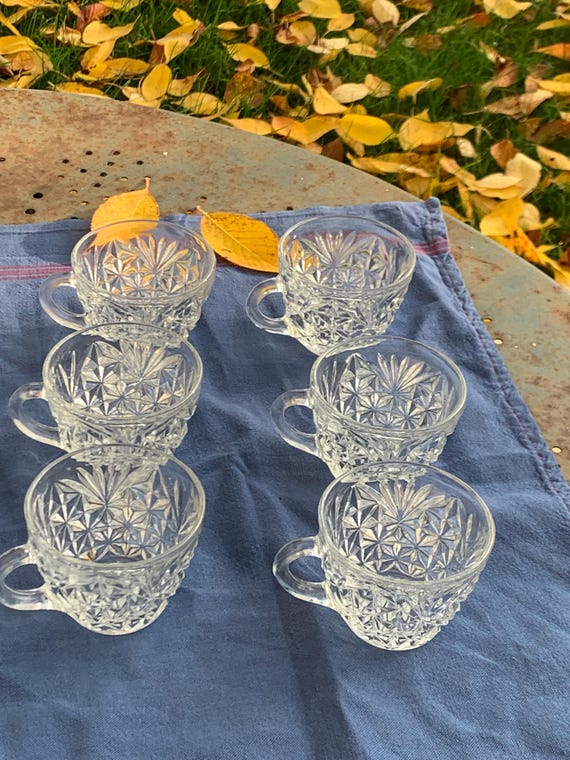 Set of 6 transparent glass coffee cups, relief pattern, vintage