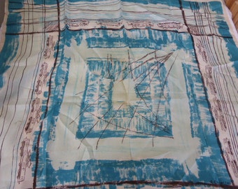 Designer silk scarf, train motif signed a. EHINETTE, vintage 1950/60, collector and design