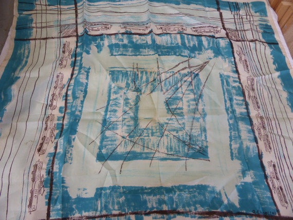 Designer silk scarf, train motif signed a. EHINETTE, vintage 1950/60, collector and design