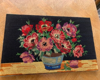 Canvas the bouquet of anemones, tapestry finished and embroidered in cross stitch, vintage 1970, handmade