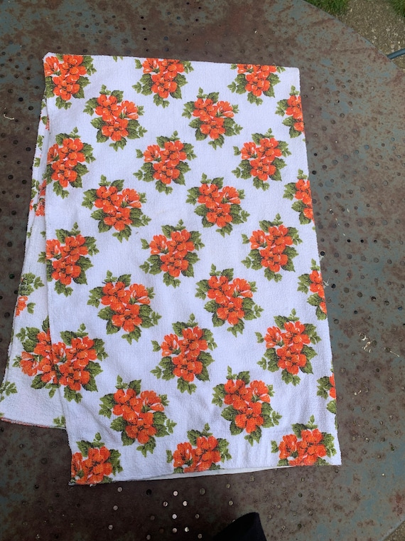 Curtain, terry towel with small orange flowers vintage 1970