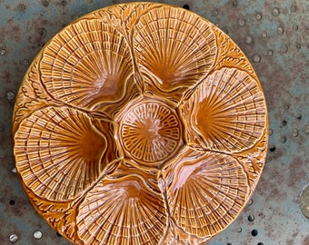 3 oyster plates, shells, ocher color barbotine ceramic, majolica, made in portugal, vintage and collector