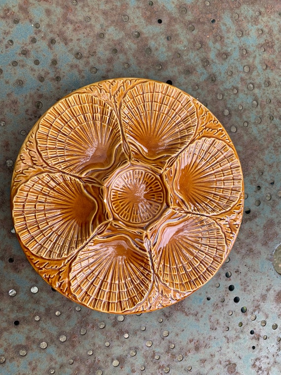 3 oyster plates, shells, ocher color barbotine ceramic, majolica, made in portugal, vintage and collector