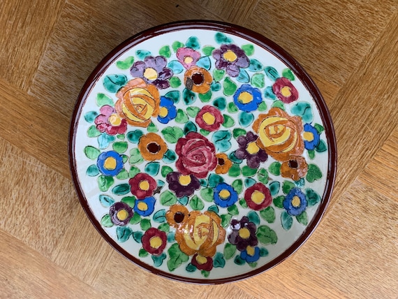 Fruit bowl, deep plate, enameled ceramic, vintage floral pattern stamped Ceram Monaco