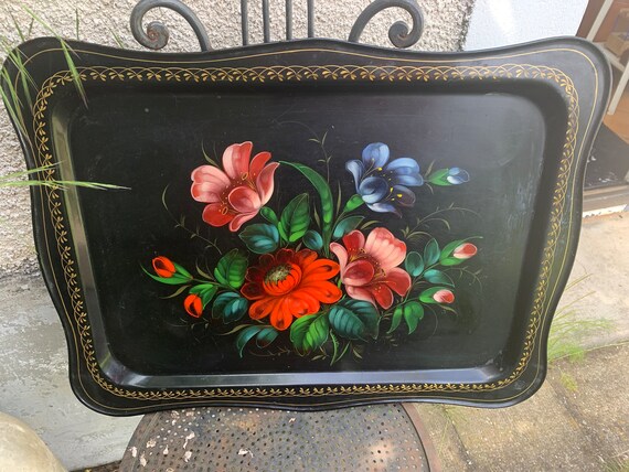Large bohemian metal tray with hand-painted flower bouquets, made in USSR, vintage