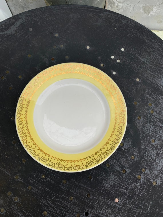 5 small earthenware plates, yellow edging with golden flowers, vintage