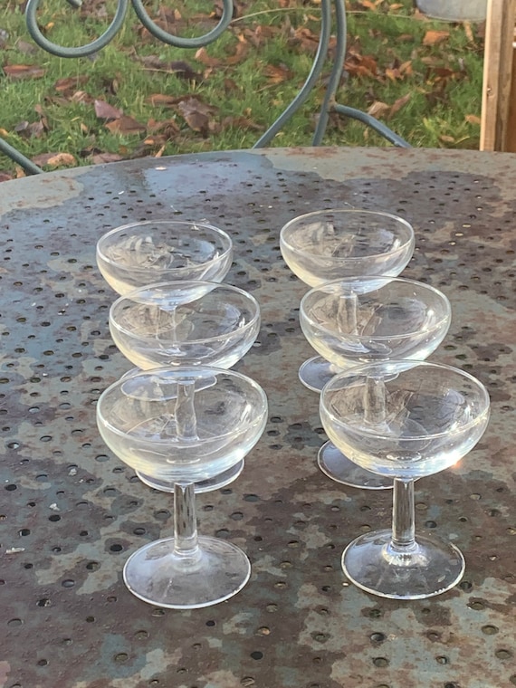 6 transparent glass champagne glasses, stamped France, vintage