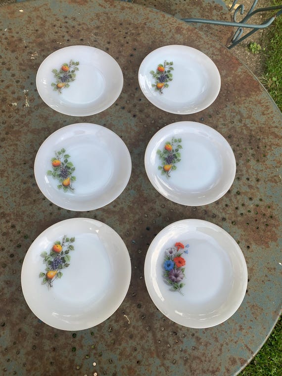 6 small plates in arcopal France glass, 5 with autumn fruit pattern apple, pear, and grape and one with a vintage bindweed pattern 1970