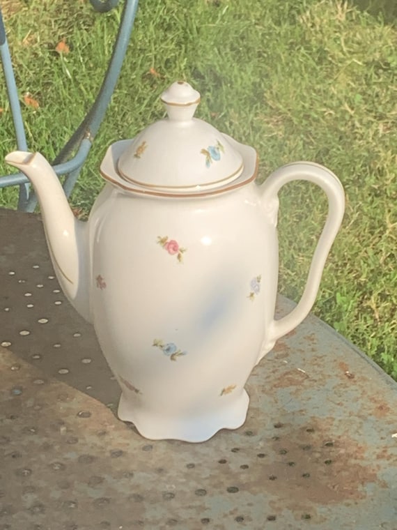 Earthenware coffee maker with small roses, pink and blue, made in Czechoslovakia, old