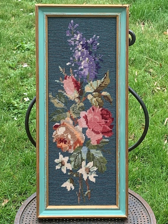 Canvas, hand embroidered, vintage tapestry, bouquet of flowers, framed in a pretty wooden frame, vintage