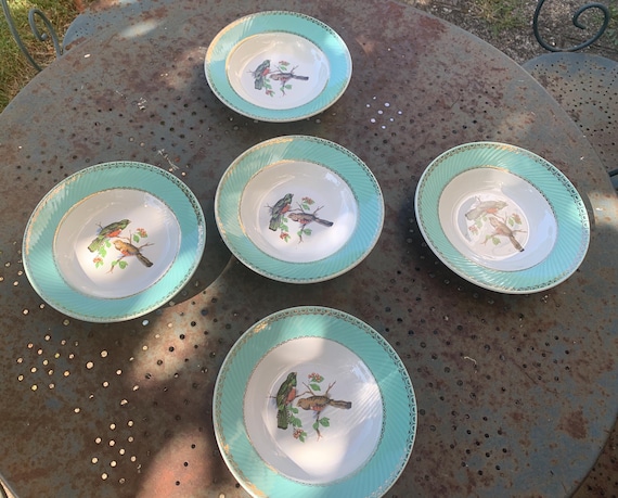 5 soup plates with bird motifs, green rim, vintage 1950s/60s