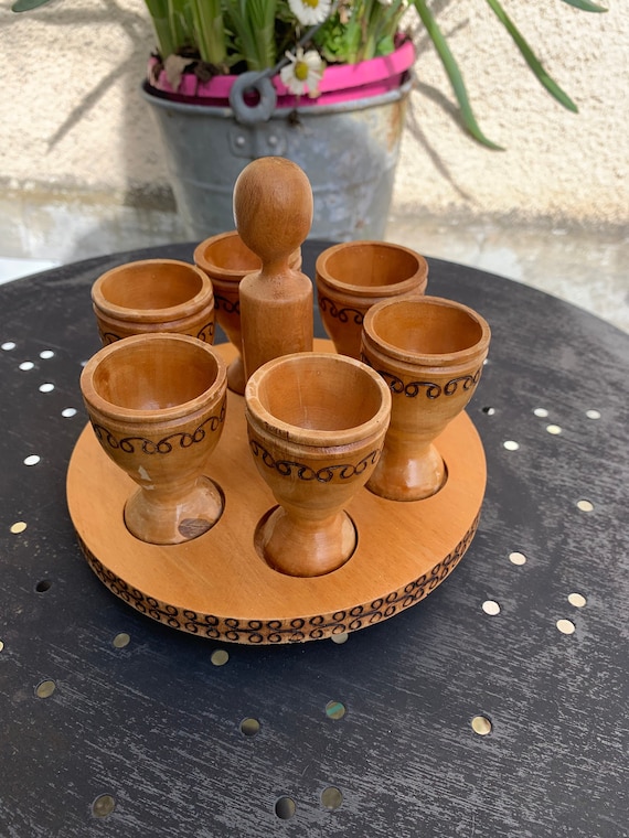 Set of 6 egg cups, on a wooden serving tray, vintage chiseled wood