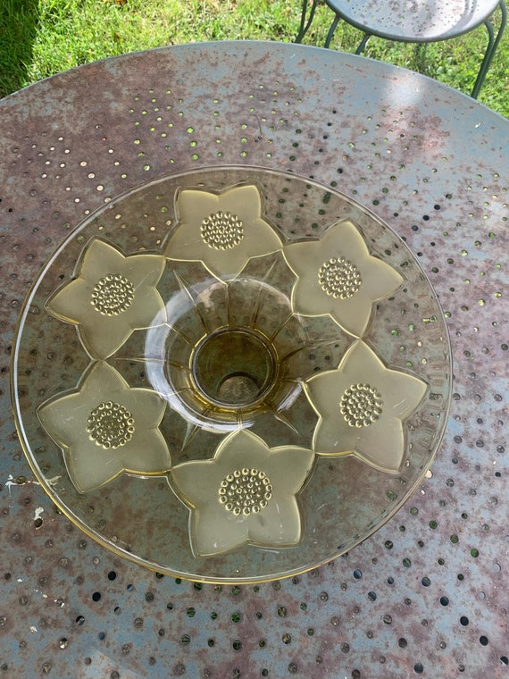 Large fruit bowl in glass and frosted glass, yellow, floral pattern in relief, art deco