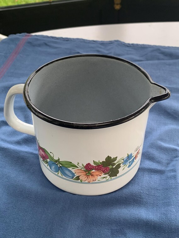 Enamelled iron pitcher, Palermo, floral pattern, vintage