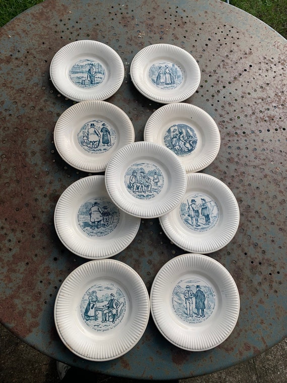 Lot of 9 Small Collectible Plates, old, talking plates, humorous, opaque porcelain, badonviller, art deco