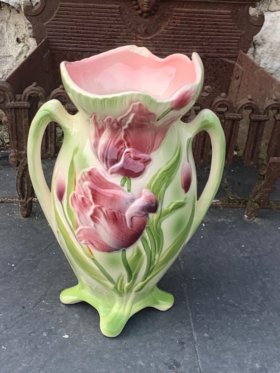 Large barbotine vase, glazed ceramic, Saint-Clément, France, tulip model, hand-painted