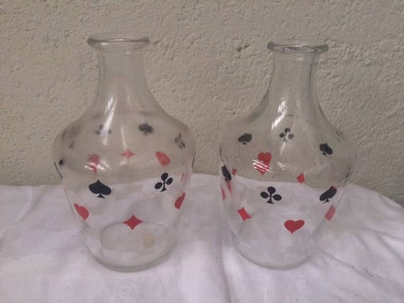 two liqueur carafes, card game motif, vintage 1960