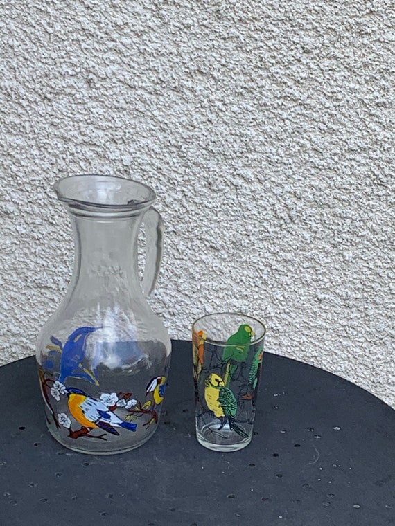 carafe in transparent glass with birds multicolored serigraphed vintage 1970.