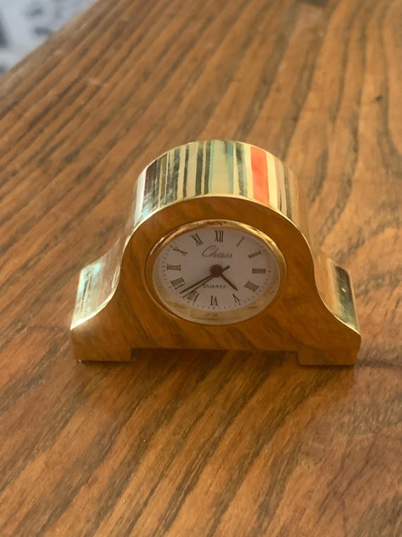 Small clock, miniature gold metal pendulum from Chass brand in its original case, vintage