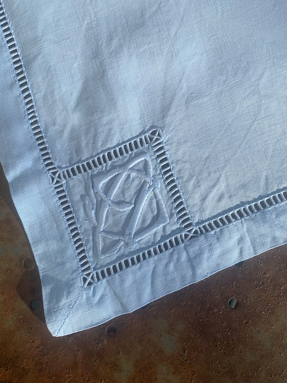 6 napkins in cotton, linen dyed pastel blue, embroidered, OG monograms, old with an openwork border, Art Deco