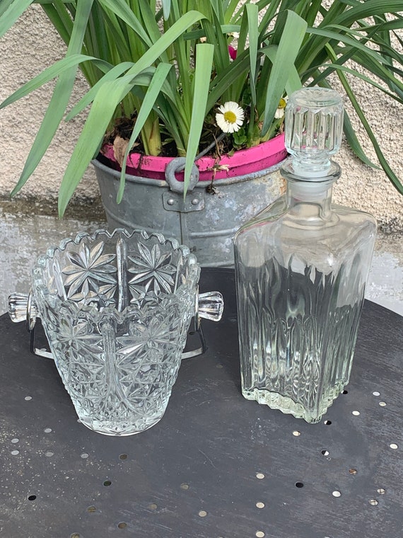 Whiskey carafe and ice bucket in transparent glass vintage 1960/70