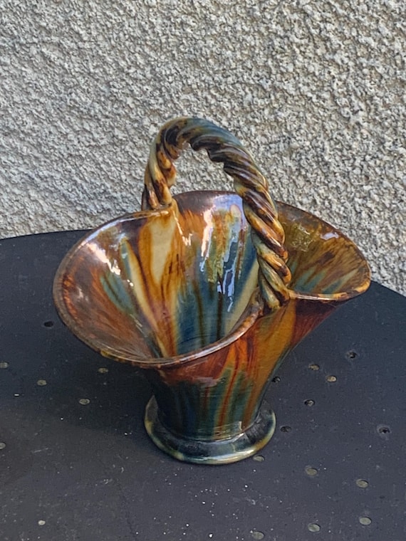 Pottery basket, glazed ceramic by FPP, for Faïences et poteries de Provence, vintage Vallauris, blue and brown
