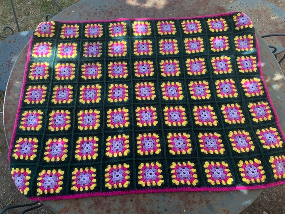 Plaid, small blanket, Granny square children's bed top, crochet, handmade, vintage wool