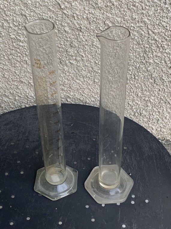 Set of two glass test tubes, one is graduated, simax, vintage, cabinet of curiosities