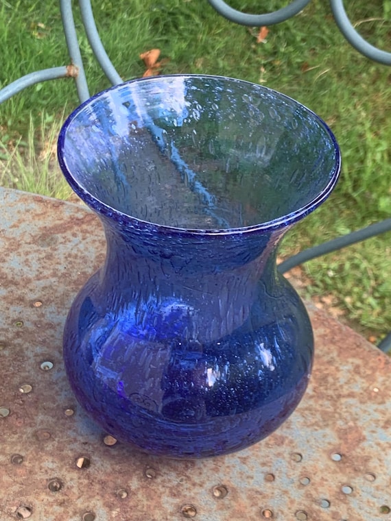 Roman vase in blown glass and bubble from biot glassware, signed Biot glassware, blue cobalt  in color, vintage and collector