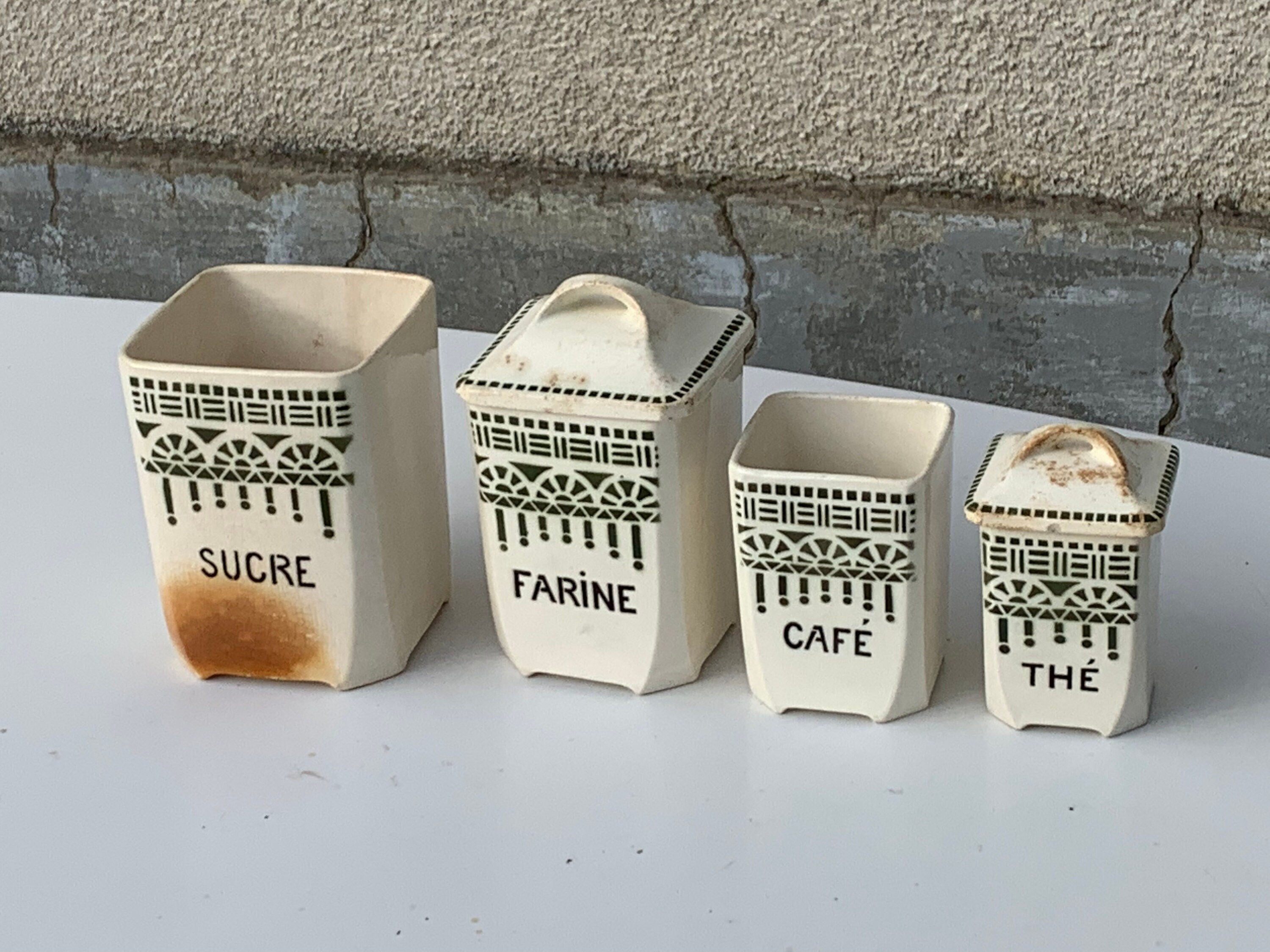 Série de 4 Pots à Épices Art Deco, Motifs Geometriques Vert, en Faïence Made in France