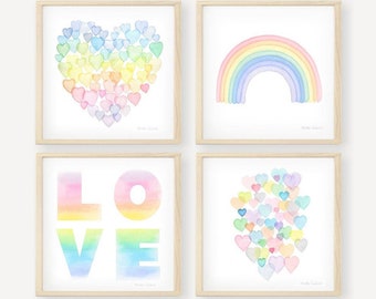 Pastel Rainbow Watercolor Art Print Set, Baby Girl Nursery Decor