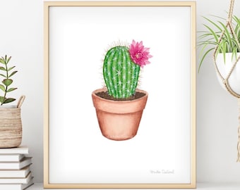 Cactus watercolor art print. Succulent painting. Plant wall art. Cute botanical print. Potted cactus illustration. Modern plant room decor.