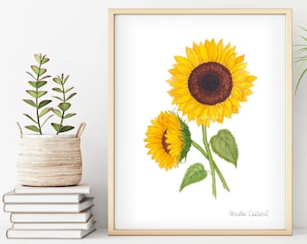 Sunflower art.  Sunflower watercolor painting. Nursery flowers art. Girls room decor. Nursery decor. Flower illustration. Garden nursery.