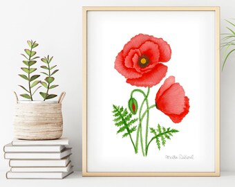 Poppy flower art print. Watercolor painting. Poppy flowers art. Girls room decor. Nursery art. Flower illustration. Garden nursery decor.