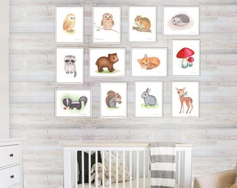 Woodland nursery art decor. Baby animal prints. Animal watercolor painting. Nursery wall art. Fox, bear, owl, deer, hedgehog, squirrel art.