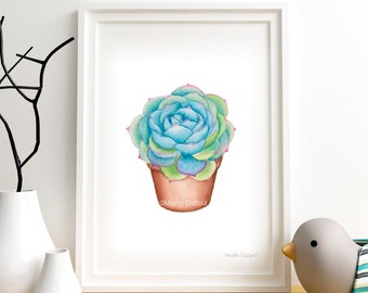 Succulent watercolor art print. Cactus painting. Plant wall art. Cute botanical print. Potted cactus illustration. Modern plant room decor.