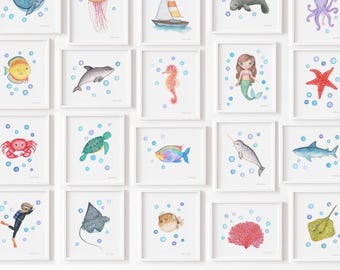 Under the Sea Watercolor Nursery Art Prints, Ocean Animals Set