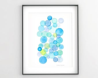 Blue Bubbles art print. Abstract watercolor painting. Nursery wall art. Geometric modern art. Bathroom wall art decor. Kids room art.