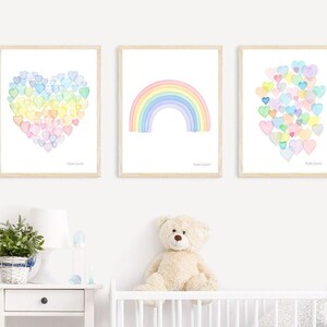 Pastel rainbow art set. Heart art print. Nursery decor. Girls room, baby ombre wall art. Personalized gift for girl. Watercolor painting.