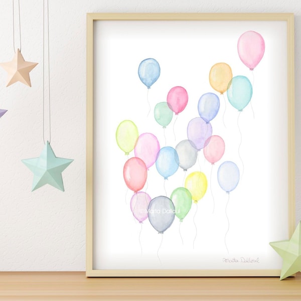 Rainbow pastel balloons. Nursery art print. Pastel room decor. Girl room wall art. Watercolor balloon painting. Modern geometric abstract.