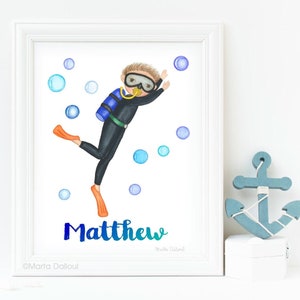 Scuba diver art print. Under the sea nursery decor. Boy personalized wall art. Ocean nursery boy room decor. Nautical Watercolor painting.
