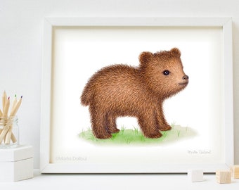 Bear art print. Woodland nursery art. Kids room decor. Brown bear watercolor painting. Woodland forest animal art. Baby bear illustration.