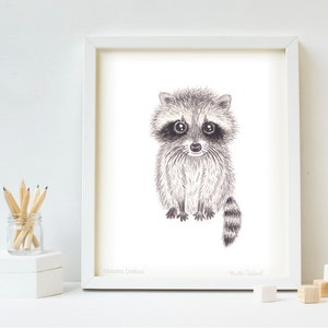 Raccoon woodland art print. Woodland nursery kids room art decor. Raccoon watercolor painting. Woodland animal print. Raccoon illustration.