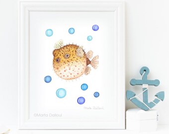 Blowfish art print . Under the sea ocean nursery art decor. Pufferfish painting. Watercolor fish painting. Children kids room wall art decor