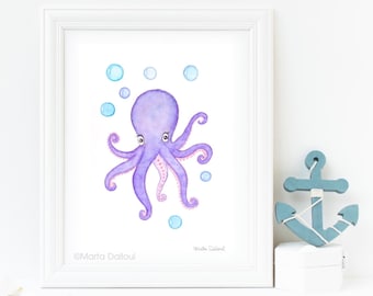 Octopus art print. Under the sea nursery art decor. Whimsical octopus watercolor painting. Nautical ocean nursery art Children kids room art