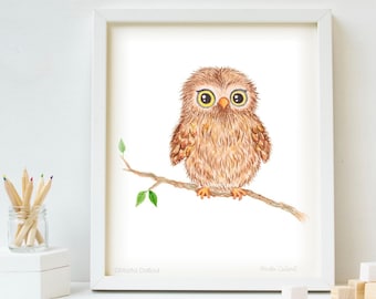 Woodland animal nursery art. Baby animal print. Owl art print. Kids room decor. Children room art. Owl watercolor painting. Forest animal.