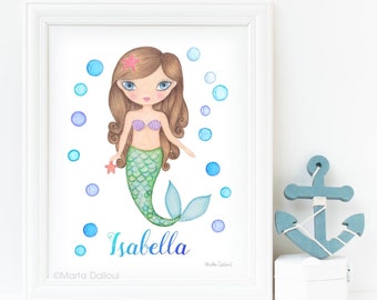 Mermaid art print. Customizable girl name wall art. Personalized nursery art. Custom gift for girl. Watercolor painting. Mermaid decor.